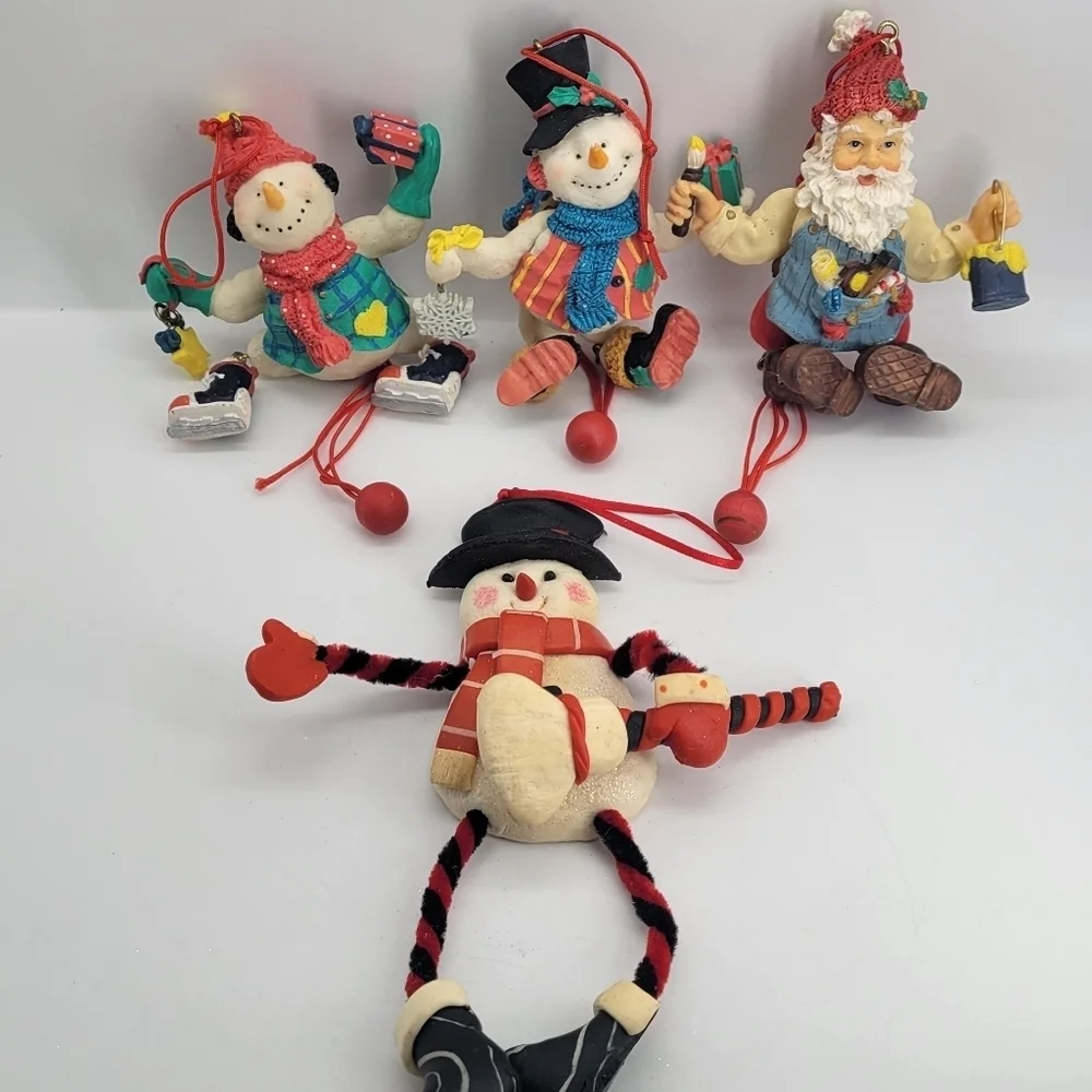 Christmas Tree Ornament Set of 4 Snowman Santa Legs Arms FLexiible Handpainted